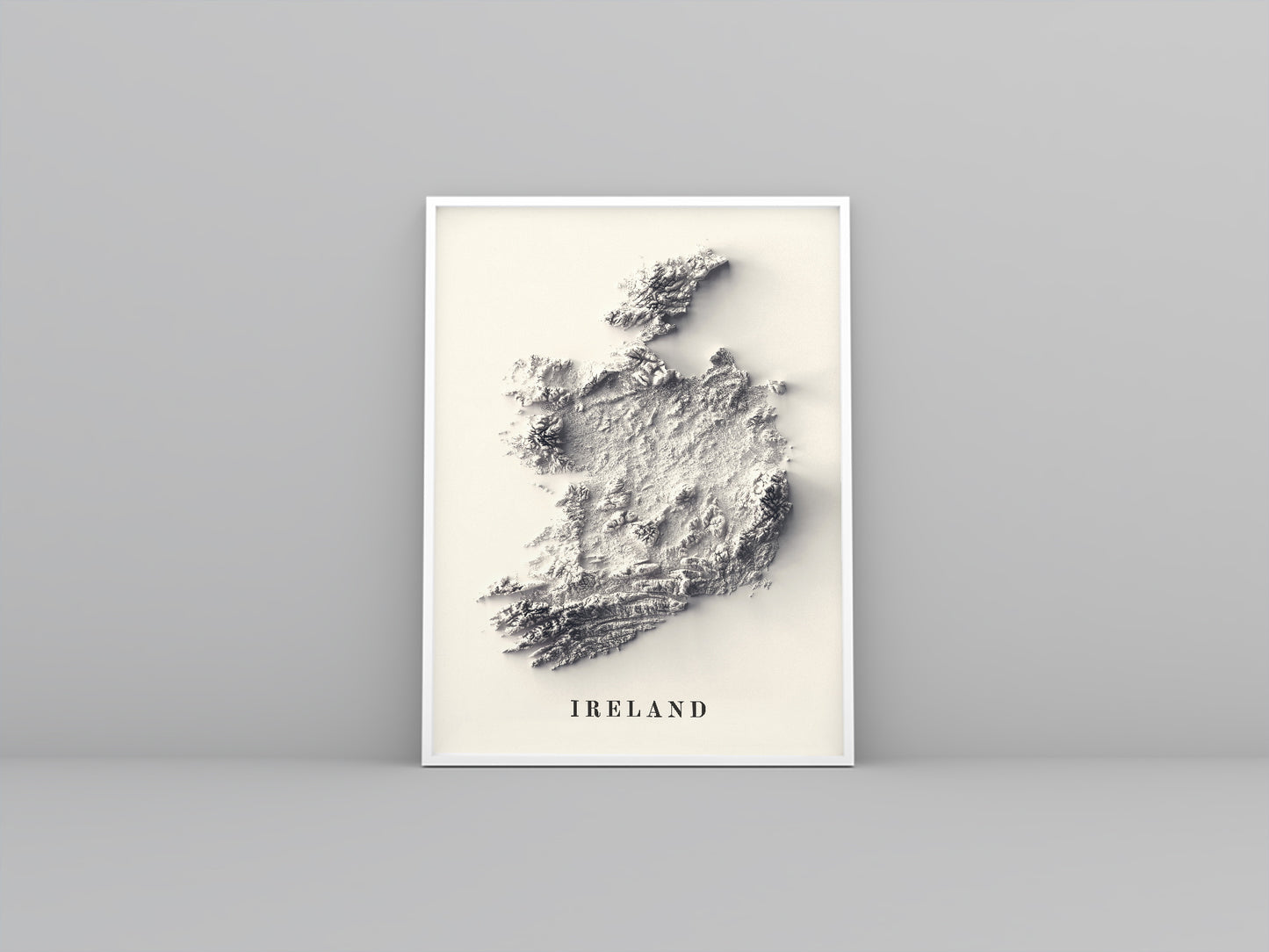 Ireland framed shaded relief map in white frame. Artistic print highlighting mountains with a realistic 3d effect