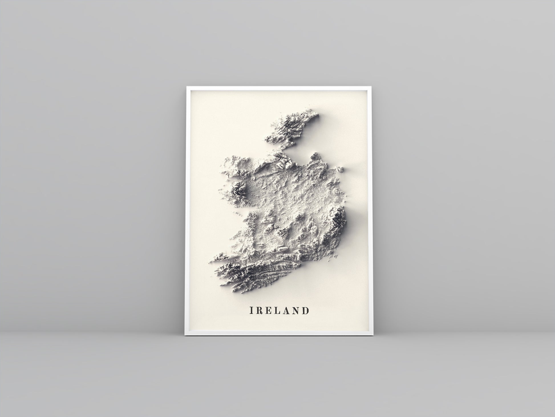 Ireland framed shaded relief map in white frame. Artistic print highlighting mountains with a realistic 3d effect