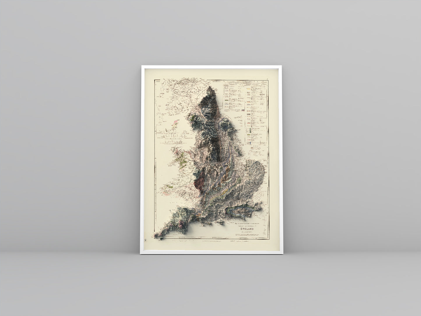 England vintage framed shaded relief map in white frame. Artistic print highlighting mountains with a realistic 3d effect