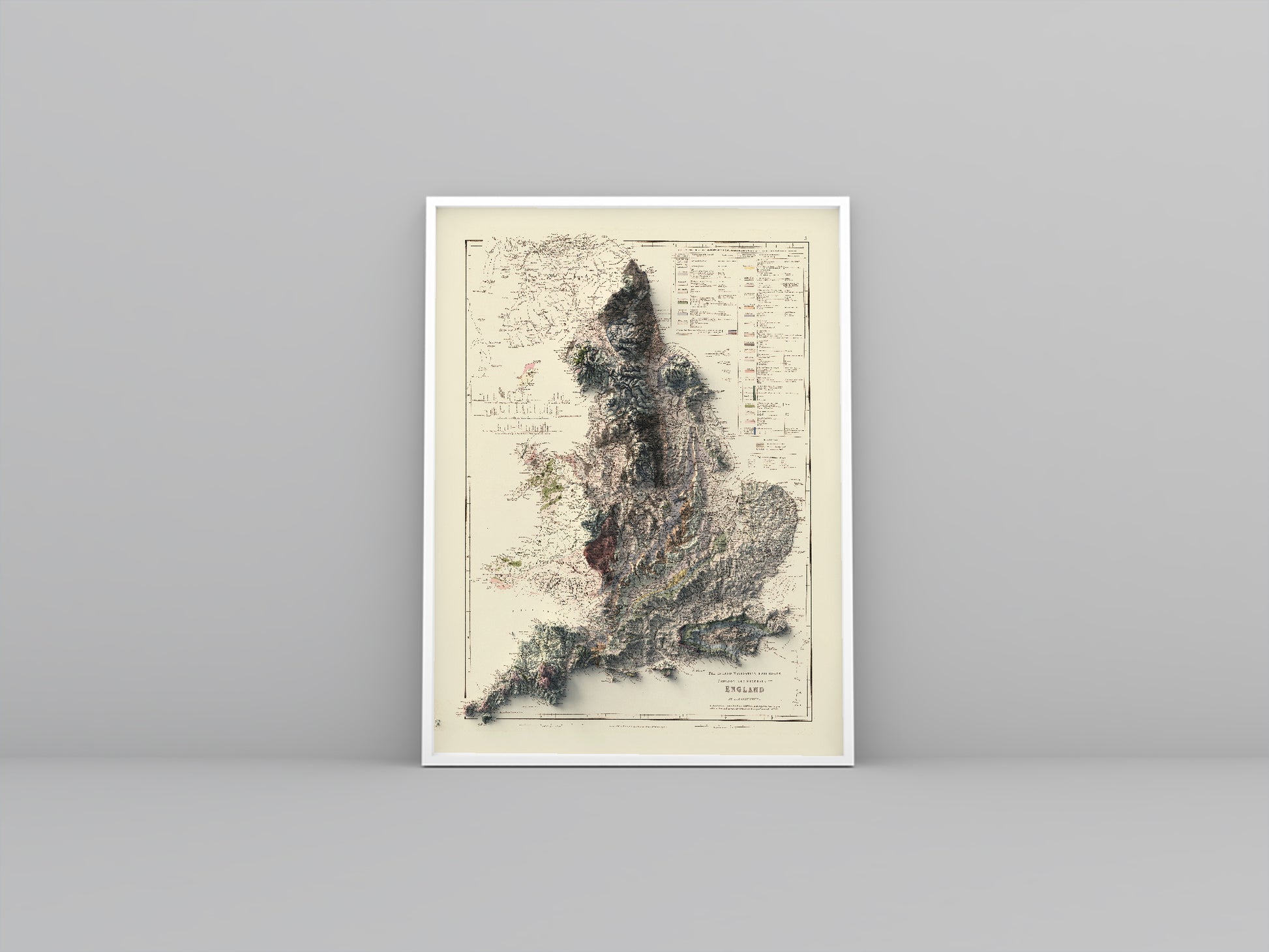 England vintage framed shaded relief map in white frame. Artistic print highlighting mountains with a realistic 3d effect