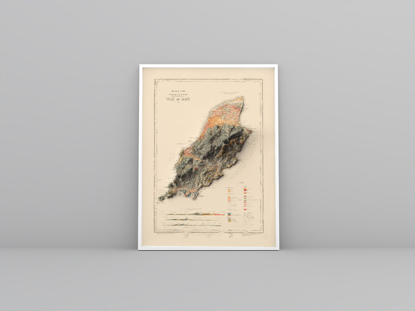 Isle of Man vintage framed shaded relief map in white frame. Artistic print highlighting mountains with a realistic 3d effect