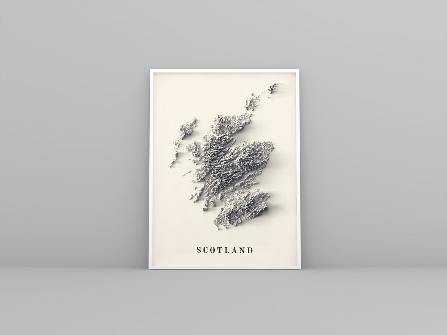 Scotland framed shaded relief map in white frame. Artistic print highlighting mountains with a realistic 3d effect