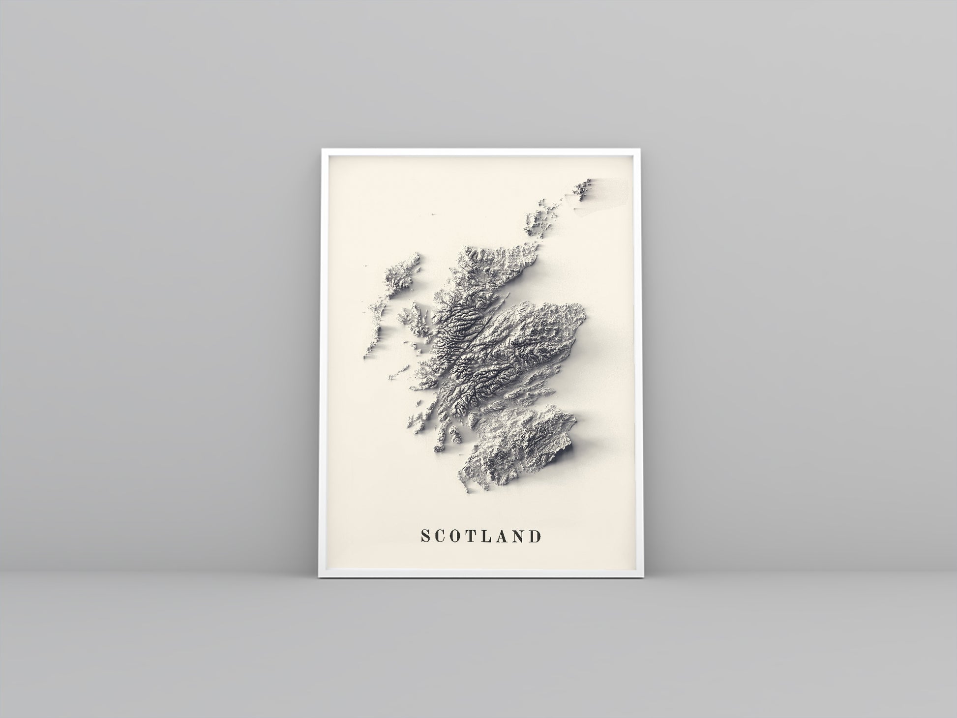 Scotland framed shaded relief map in white frame. Artistic print highlighting mountains with a realistic 3d effect