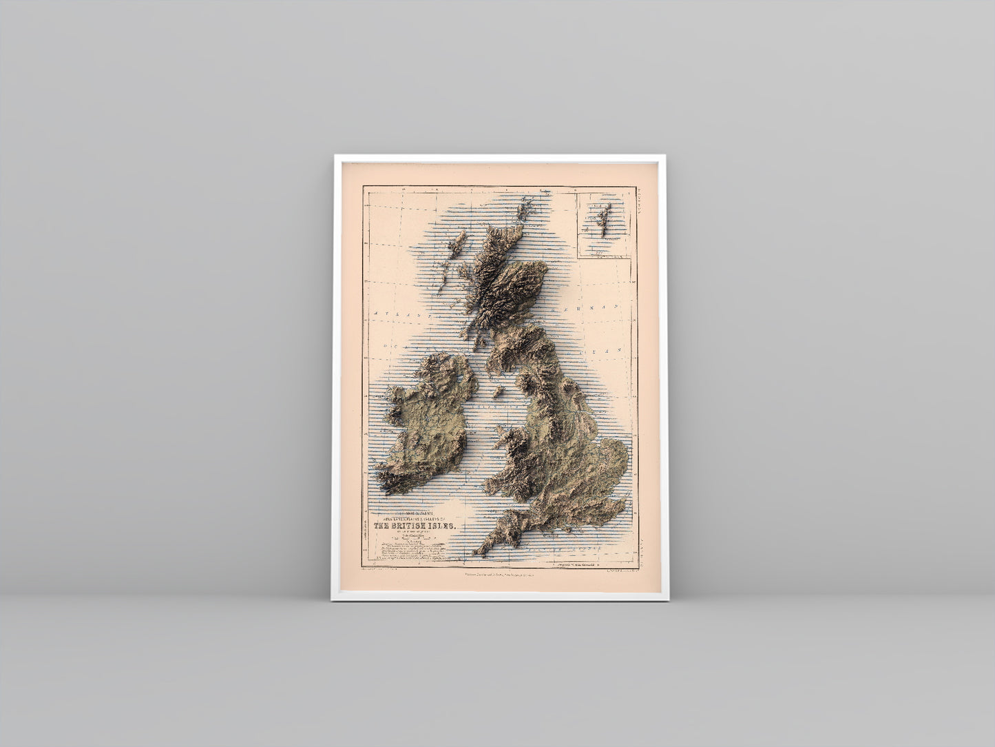 united kingdom and ireland vintage framed shaded relief map in white frame. Artistic print highlighting mountains with a realistic 3d effect