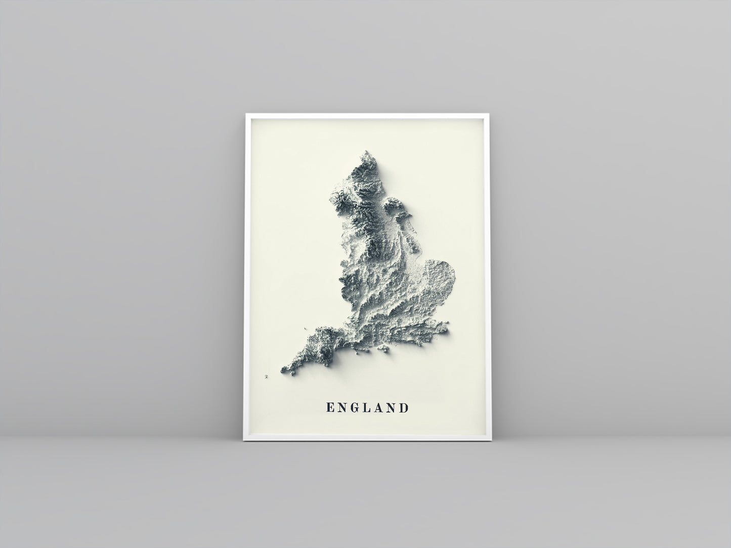 England framed shaded relief map in white frame. Artistic print highlighting mountains with a realistic 3d effect