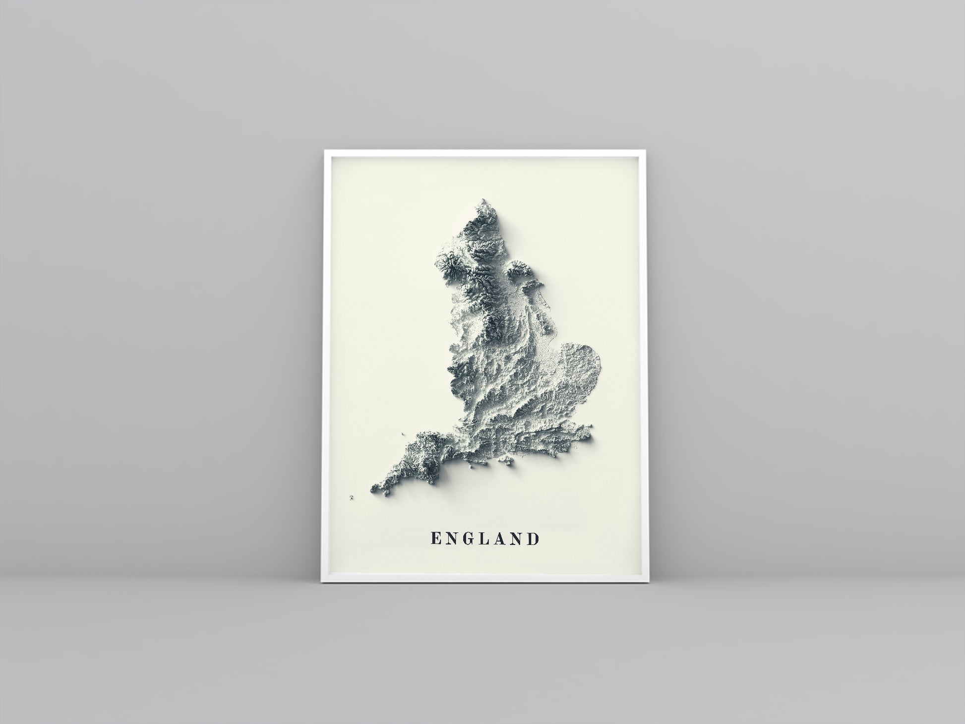 England framed shaded relief map in white frame. Artistic print highlighting mountains with a realistic 3d effect