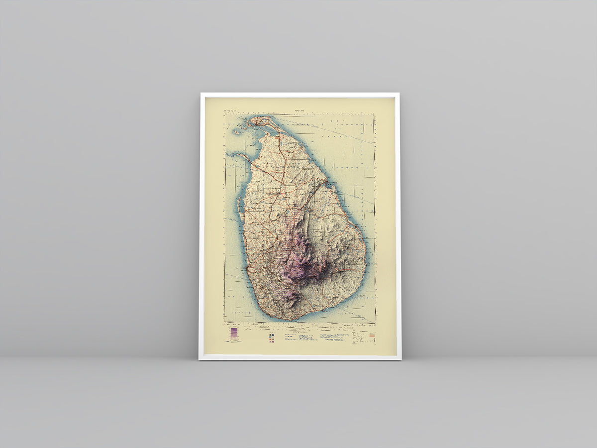 Sri Lanka vintage framed shaded relief map in white frame. Artistic print highlighting mountains with a realistic 3d effect