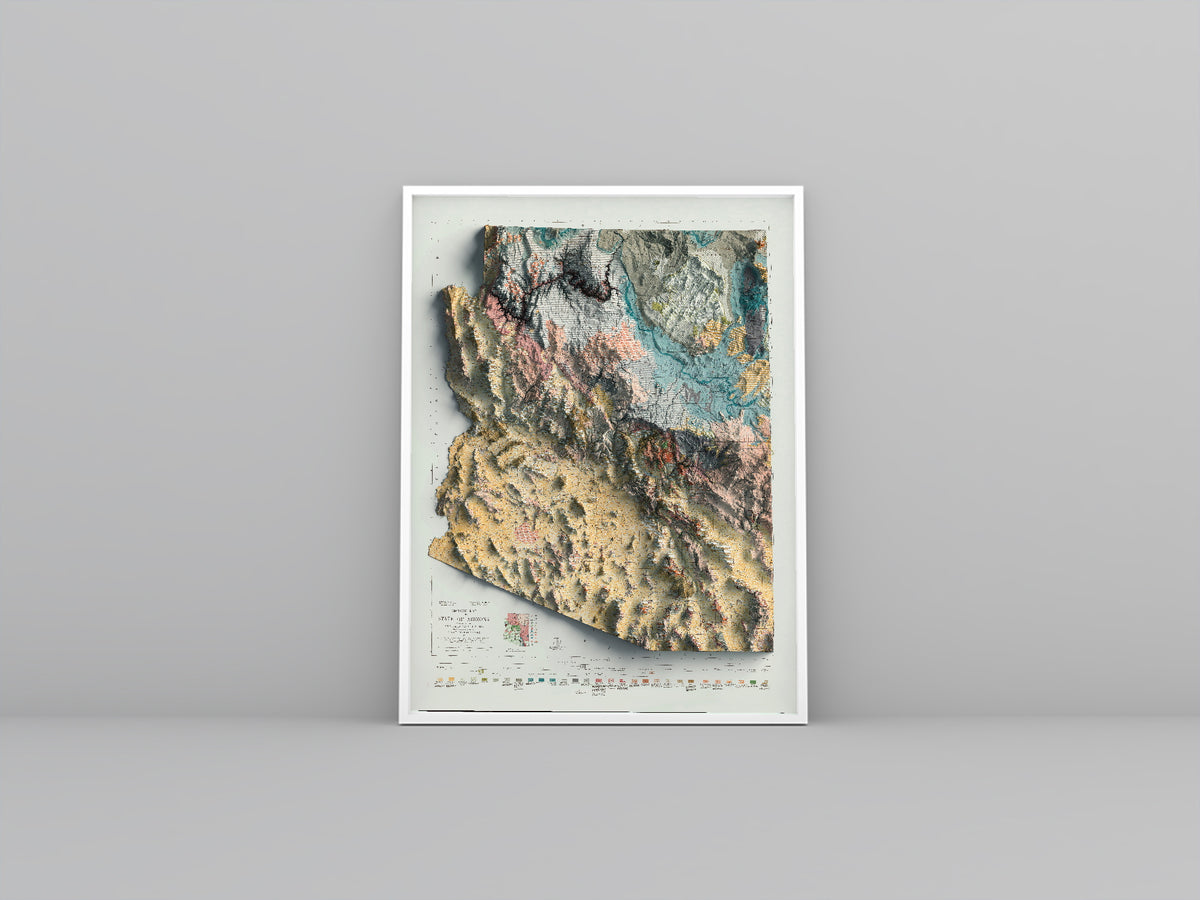Arizona geological vintage framed shaded relief map in white frame. Artistic print highlighting mountains with a realistic 3d effect