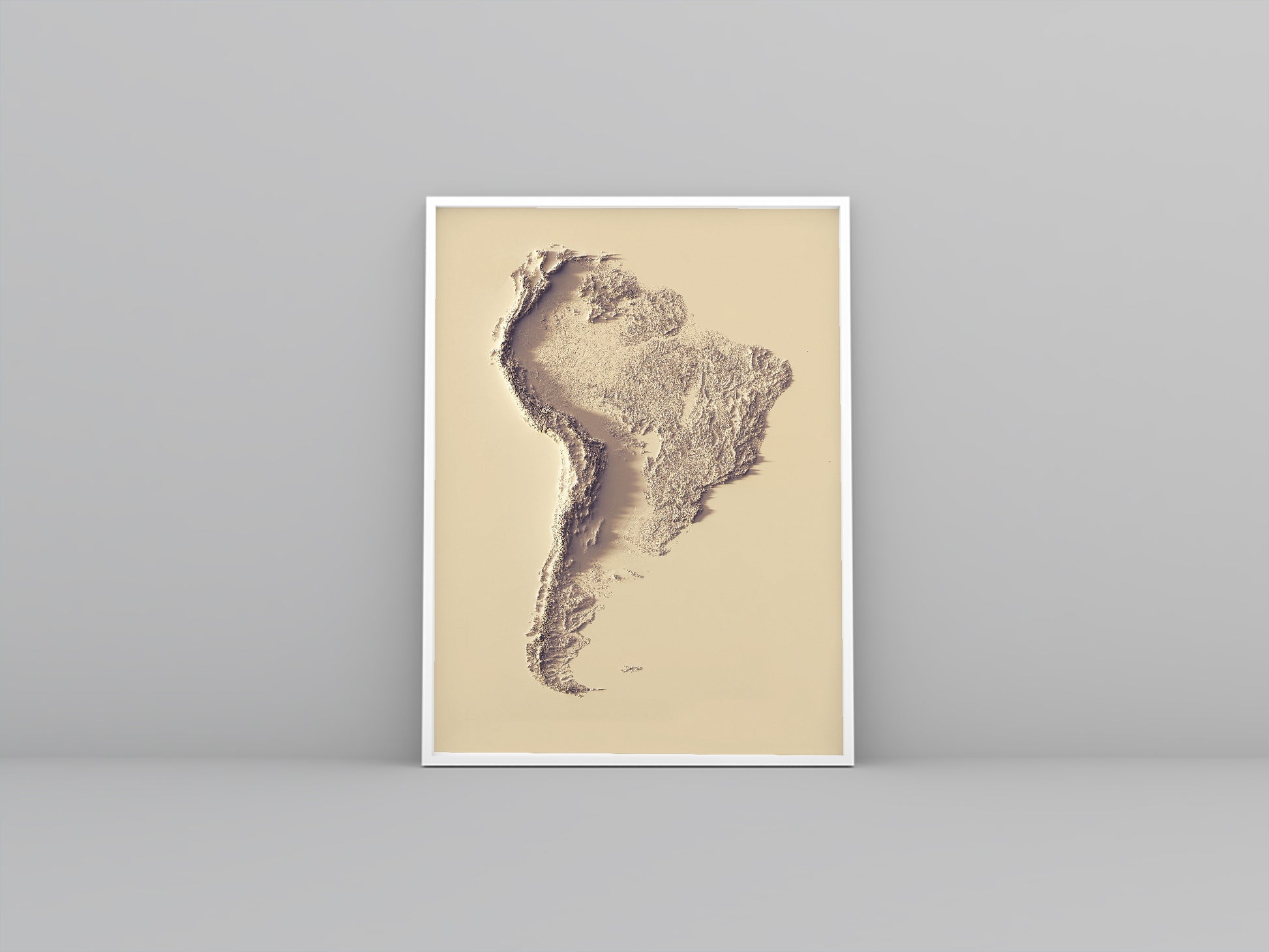 South America framed shaded relief map in white frame. Artistic print highlighting mountains with a realistic 3d effect