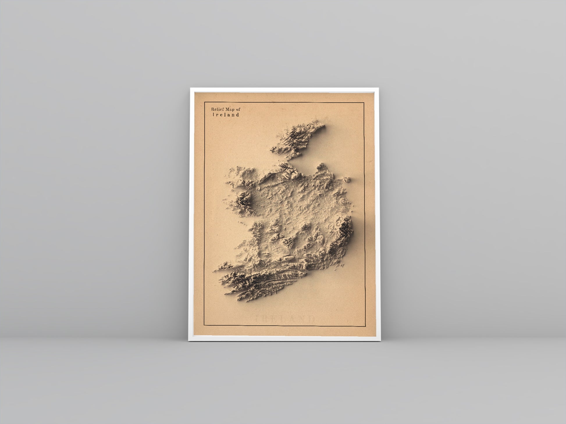 Ireland framed shaded relief map in white frame. Artistic print highlighting mountains with a realistic 3d effect