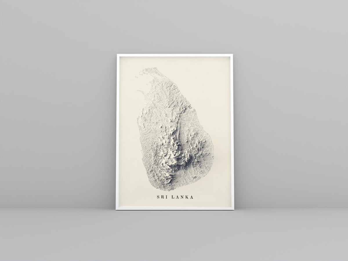 Sri Lanka framed shaded relief map in white frame. Artistic print highlighting mountains with a realistic 3d effect
