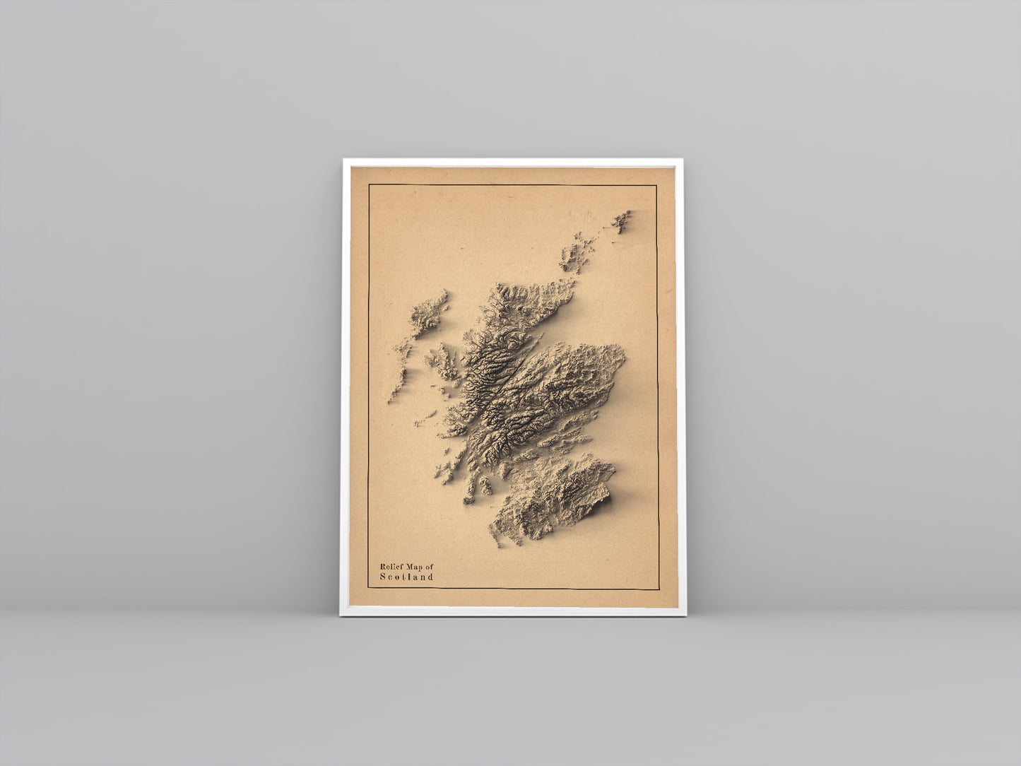 Scotland framed shaded relief map in white frame. Artistic print highlighting mountains with a realistic 3d effect