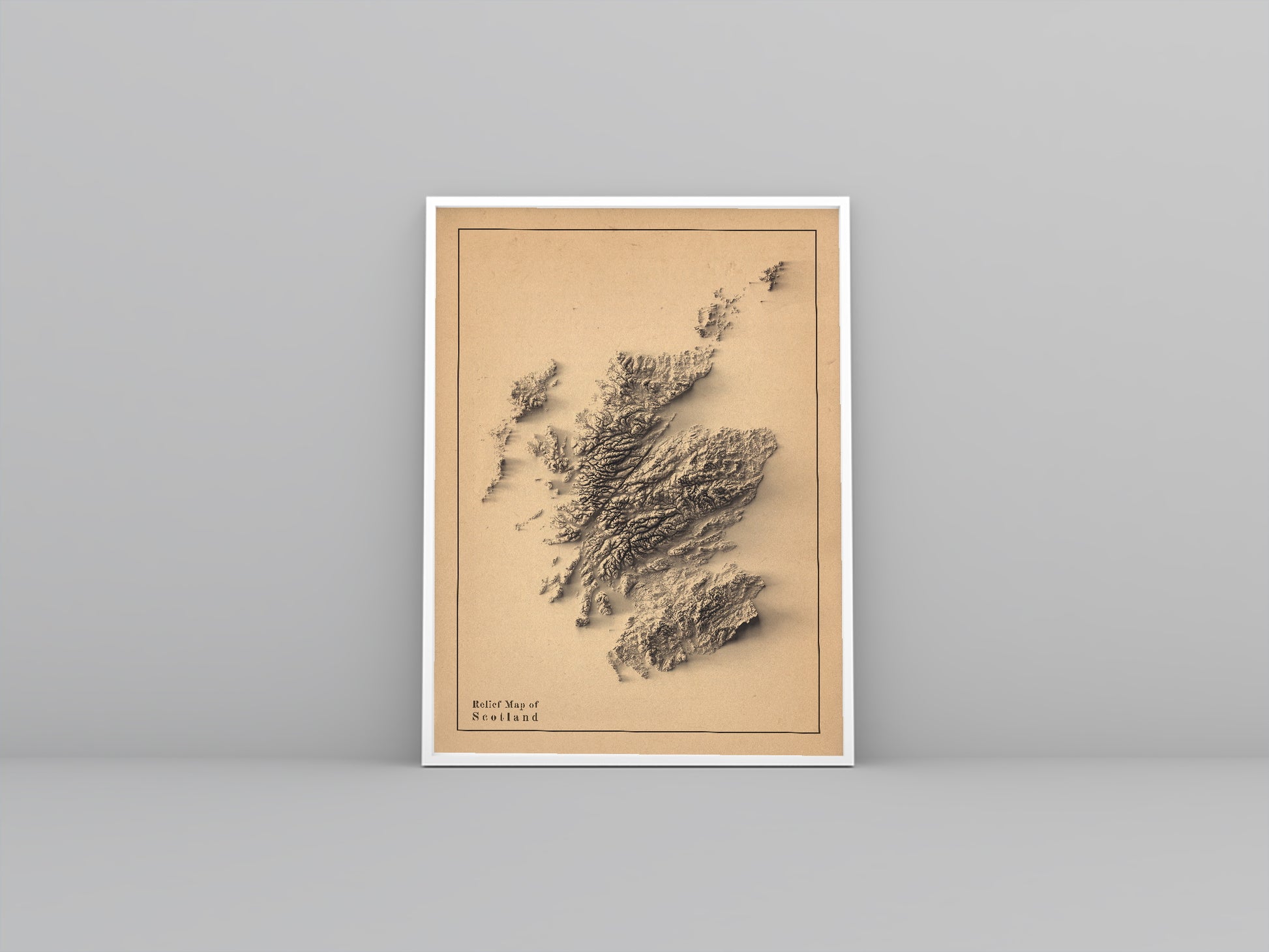 Scotland framed shaded relief map in white frame. Artistic print highlighting mountains with a realistic 3d effect
