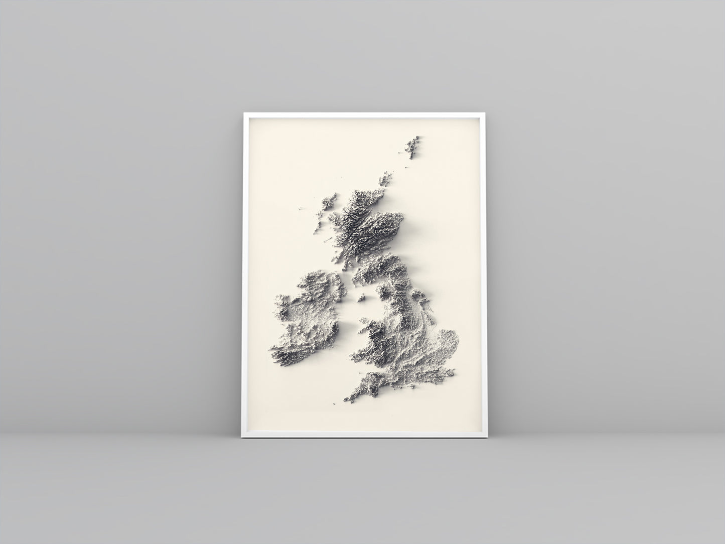 united kingdom and ireland framed shaded relief map in white frame. Artistic print highlighting mountains with a realistic 3d effect