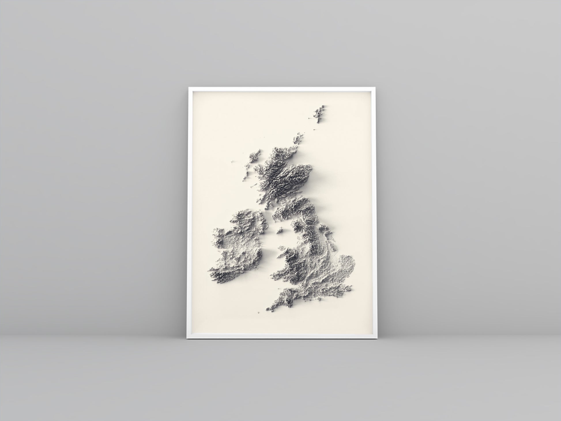united kingdom and ireland framed shaded relief map in white frame. Artistic print highlighting mountains with a realistic 3d effect