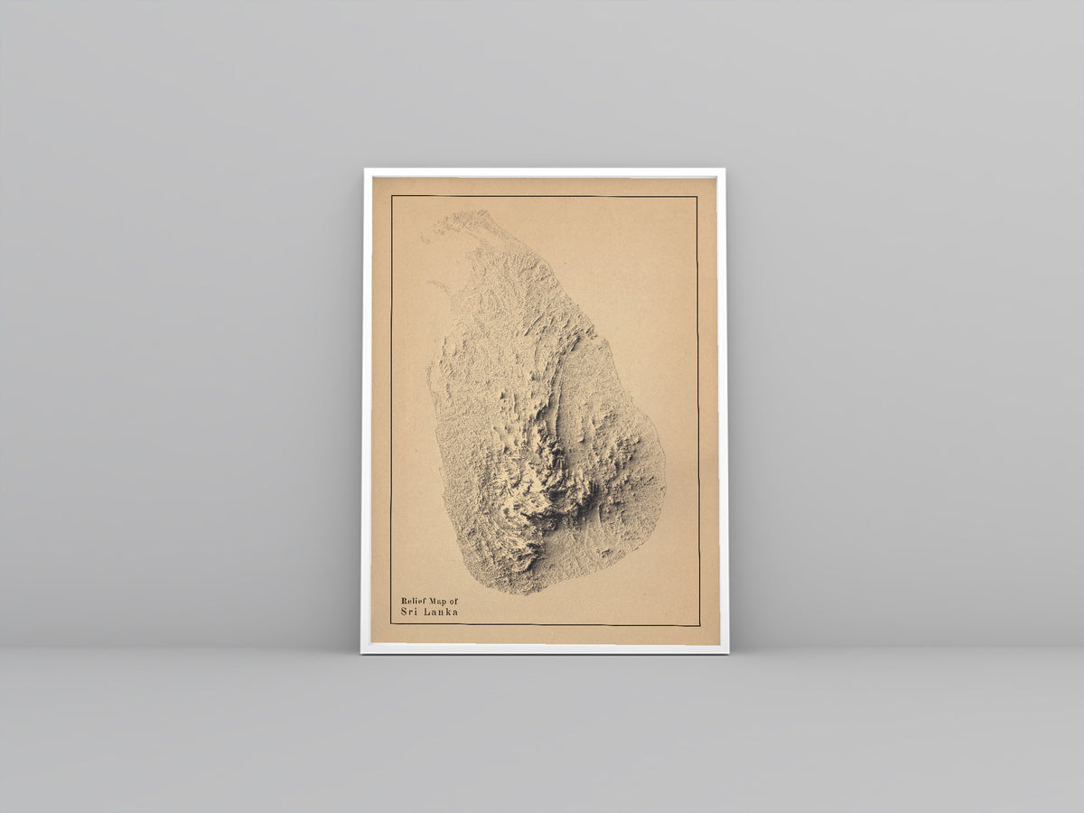 Sri Lanka vintage framed shaded relief map in white frame. Artistic print highlighting mountains with a realistic 3d effect