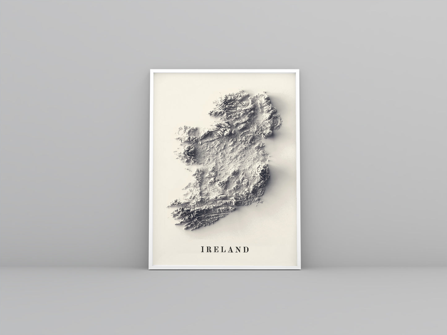 Ireland framed shaded relief map in white frame. Artistic print highlighting mountains with a realistic 3d effect