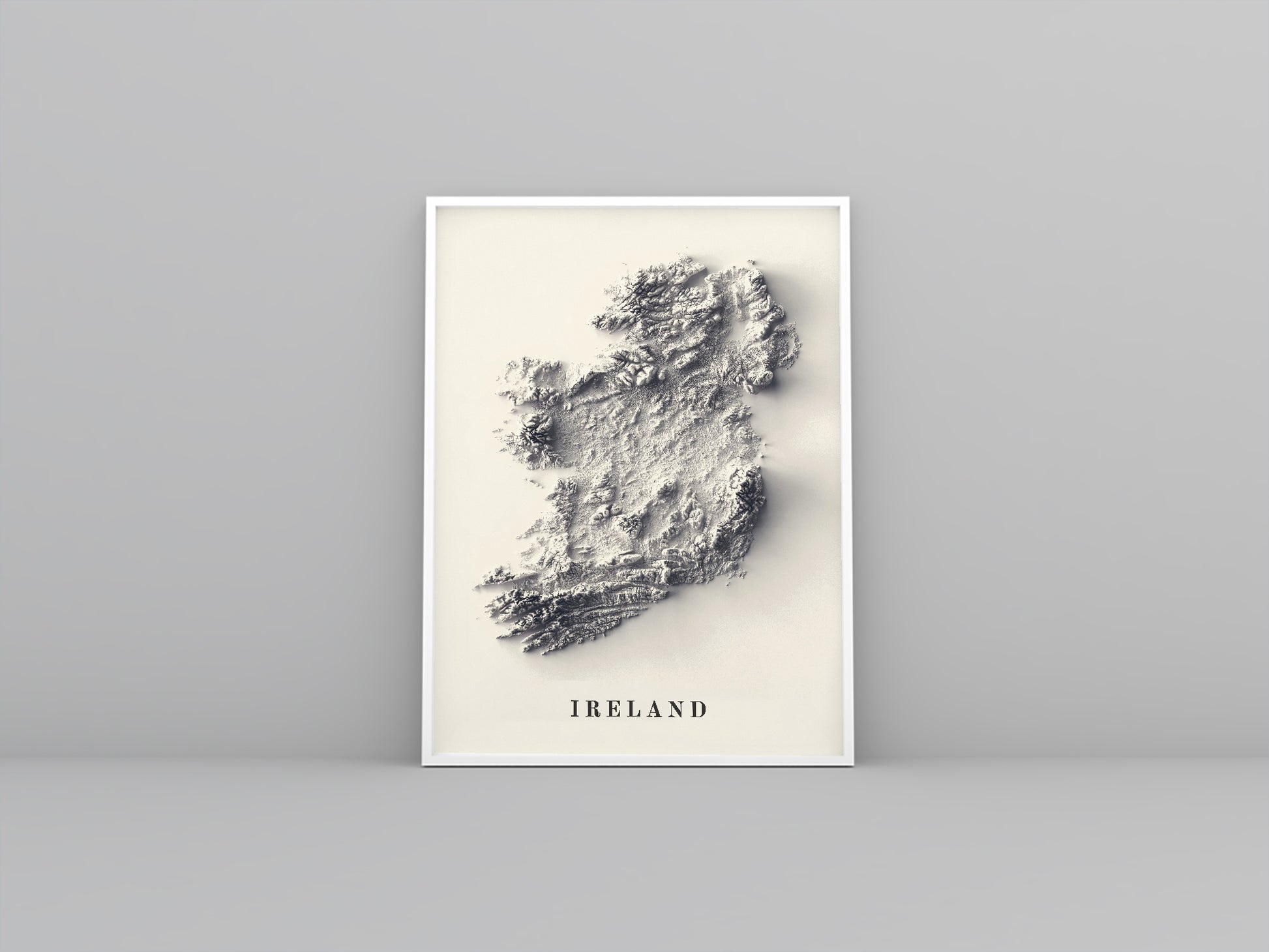Ireland framed shaded relief map in white frame. Artistic print highlighting mountains with a realistic 3d effect