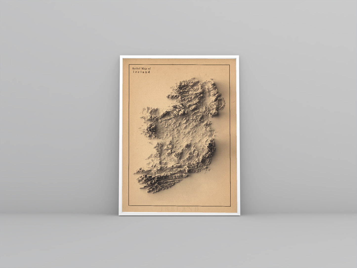 Ireland framed shaded relief map in white frame. Artistic print highlighting mountains with a realistic 3d effect