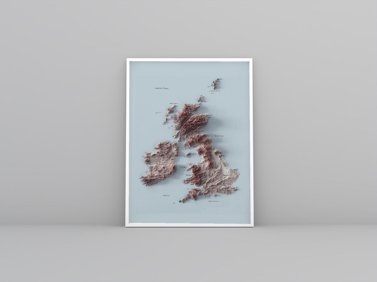 British Isles Labeled Ocean Relief Map | Countries, Capitals, Oceans & Islands | UK Minimalist Map (Cópia)
