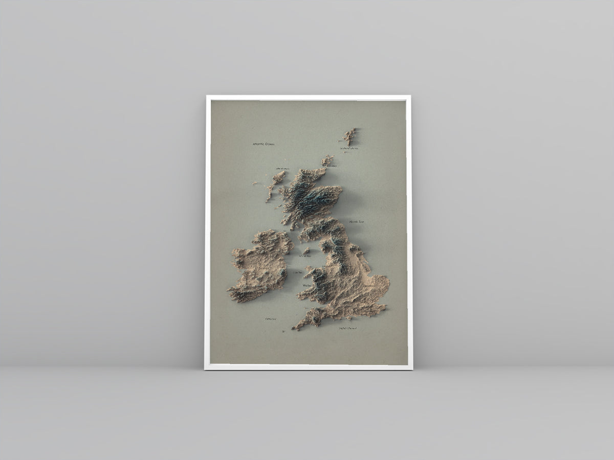 UK and Ireland Labeled Ocean Relief Map | Countries, Capitals, Oceans & Islands | British Islands Minimalist Map