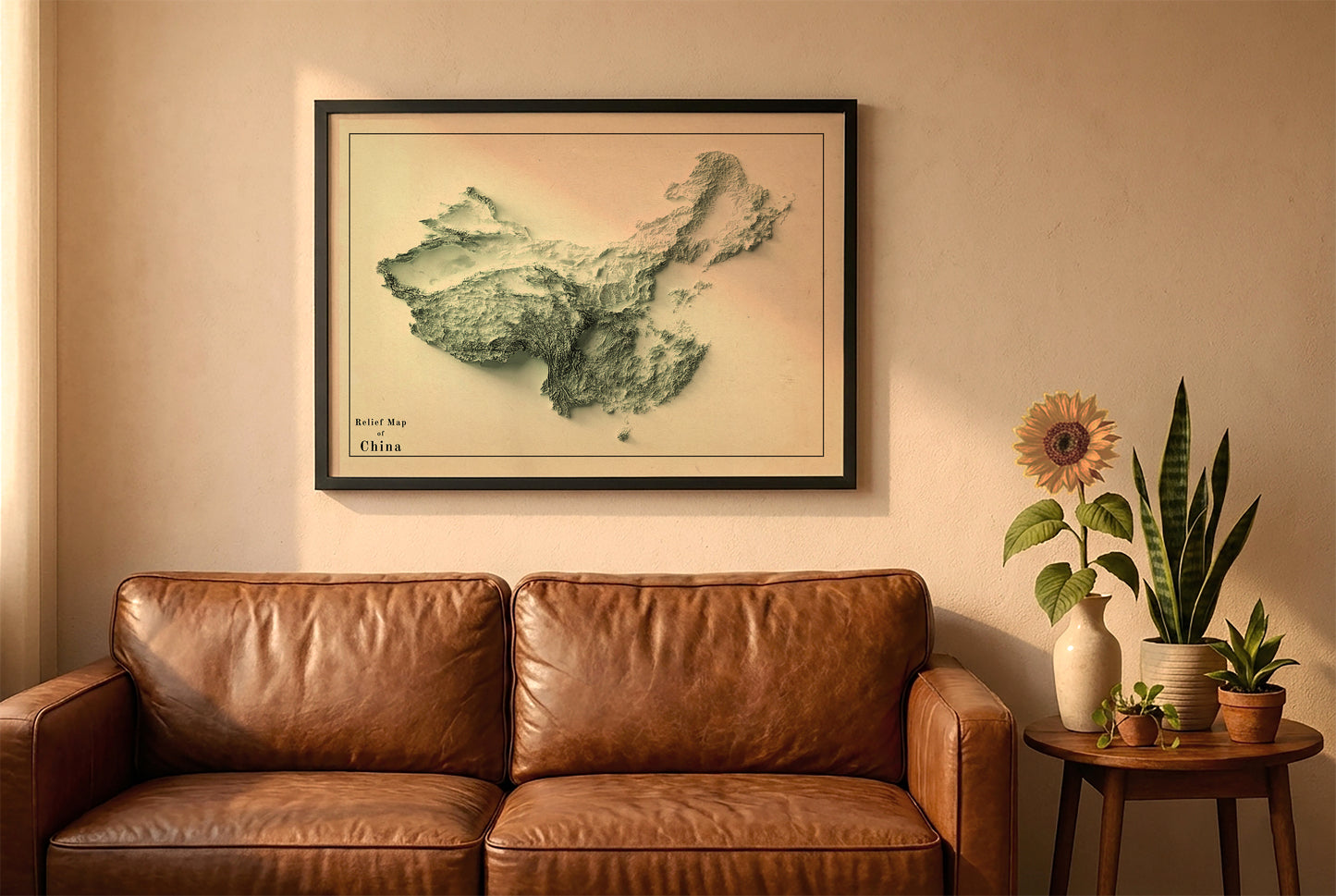 China vintage relief map in a black frame above a brown leather sofa. Boho living room with warm sunlight, sunflower, and indoor plants on a wooden side table