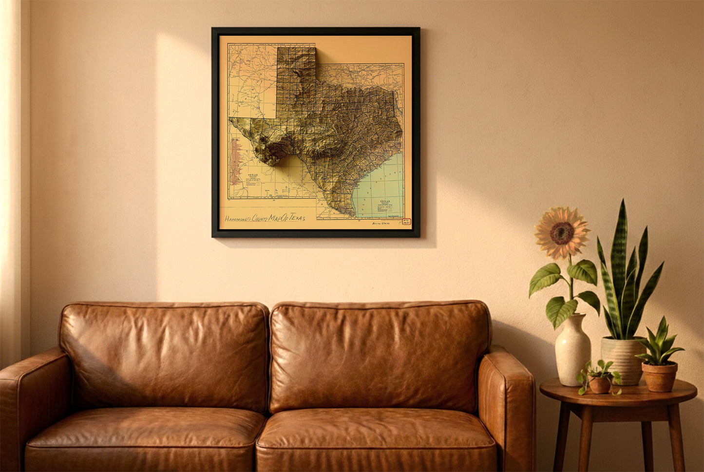 Texas vintage relief map in a black frame above a brown leather sofa. Boho living room with warm sunlight, sunflower, and indoor plants on a wooden side table