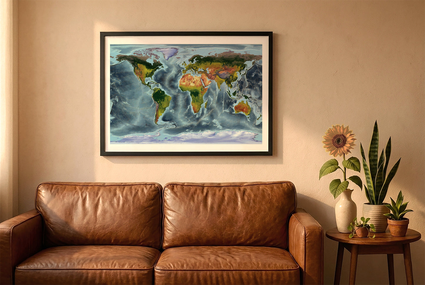 World relief map in WGS 84 projection in a black frame above a brown leather sofa. Boho living room with warm sunlight, sunflower, and indoor plants on a wooden side table