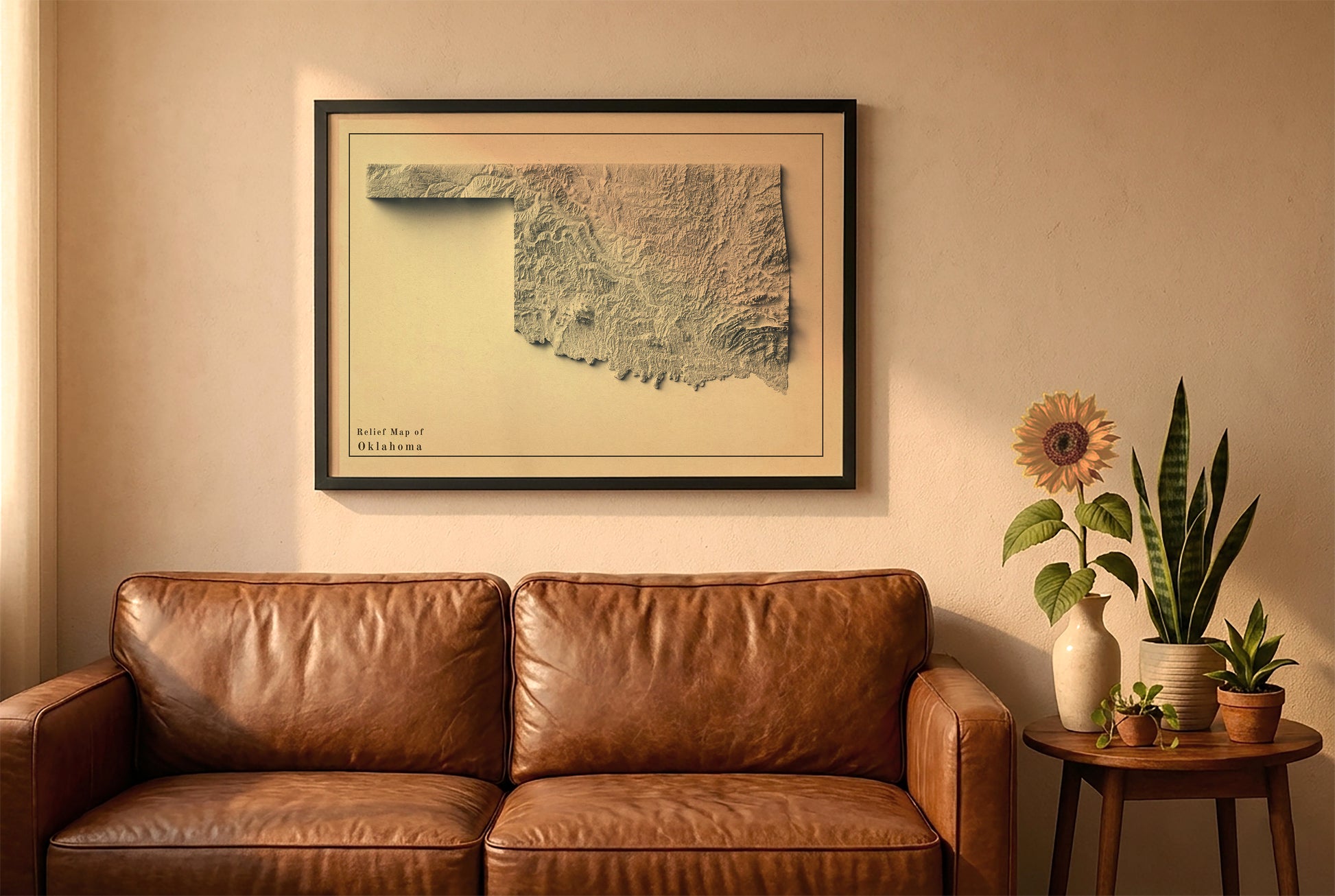 Oklahoma vintage relief map in a black frame above a brown leather sofa. Boho living room with warm sunlight, sunflower, and indoor plants on a wooden side table
