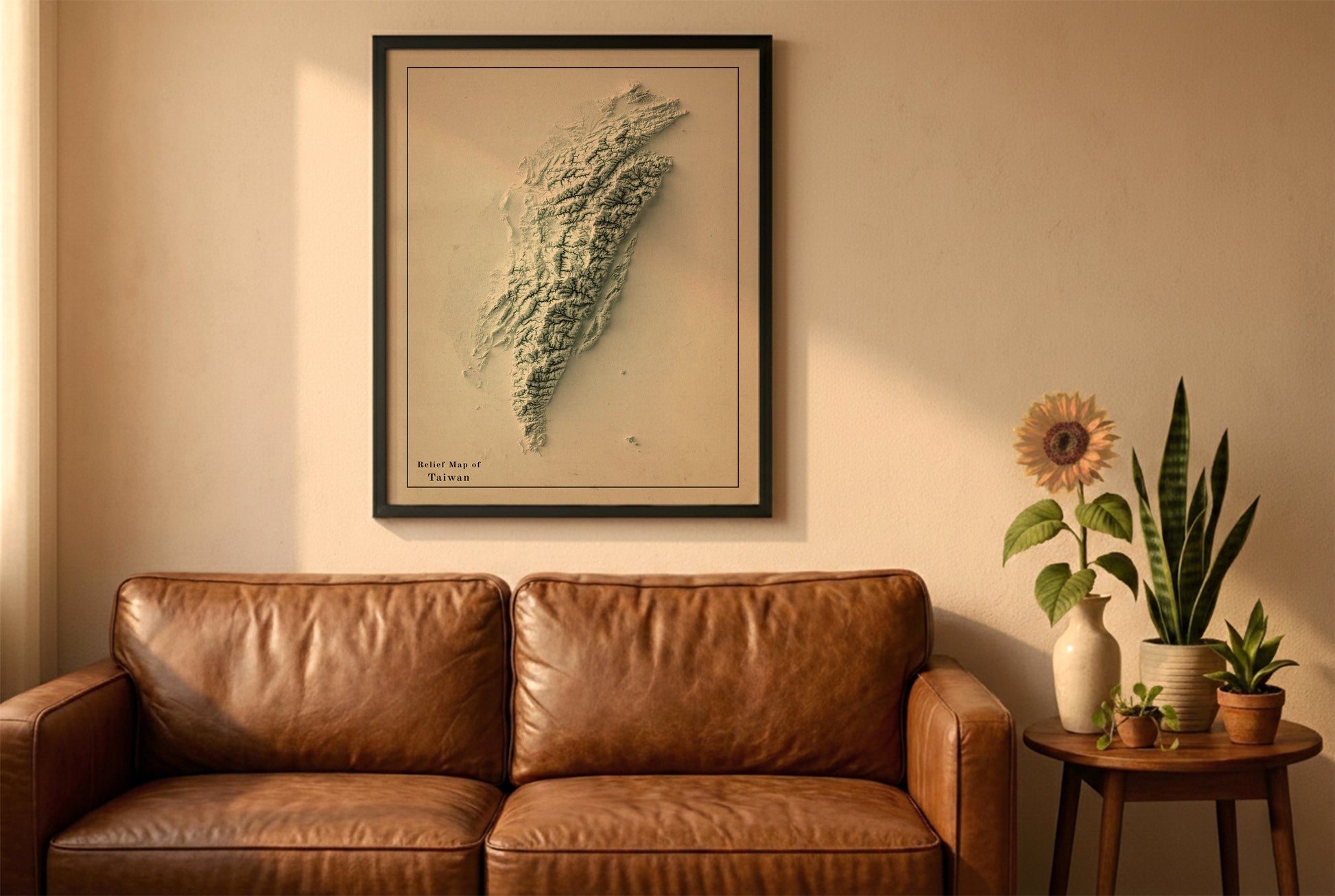 Taiwan vintage relief map in a black frame above a brown leather sofa. Boho living room with warm sunlight, sunflower, and indoor plants on a wooden side table