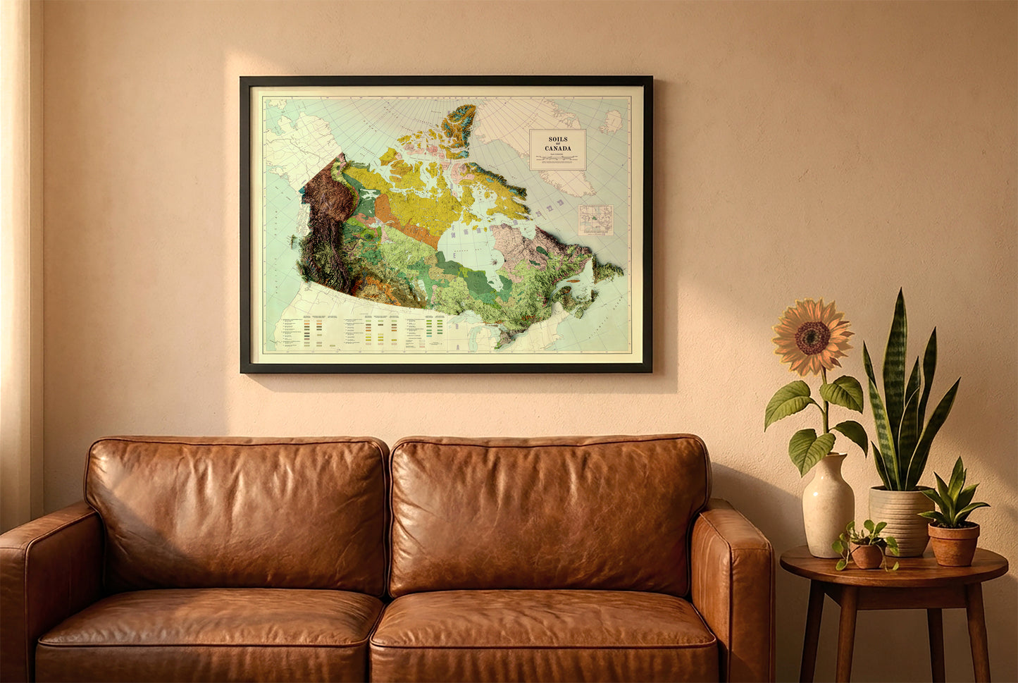 Canada vintage relief map in a black frame above a brown leather sofa. Boho living room with warm sunlight, sunflower, and indoor plants on a wooden side table