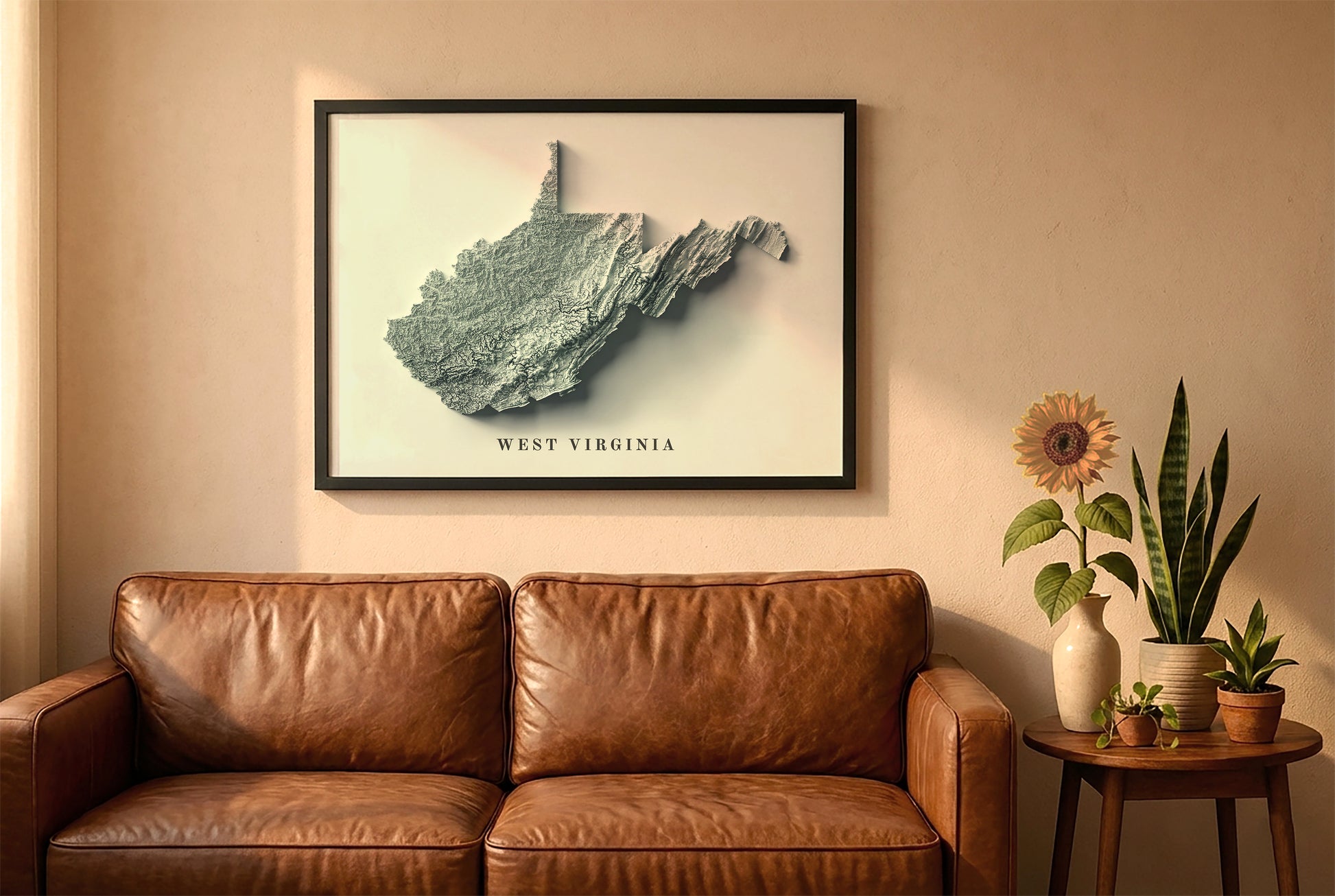 West Virginia relief map in a black frame above a brown leather sofa. Boho living room with warm sunlight, sunflower, and indoor plants on a wooden side table