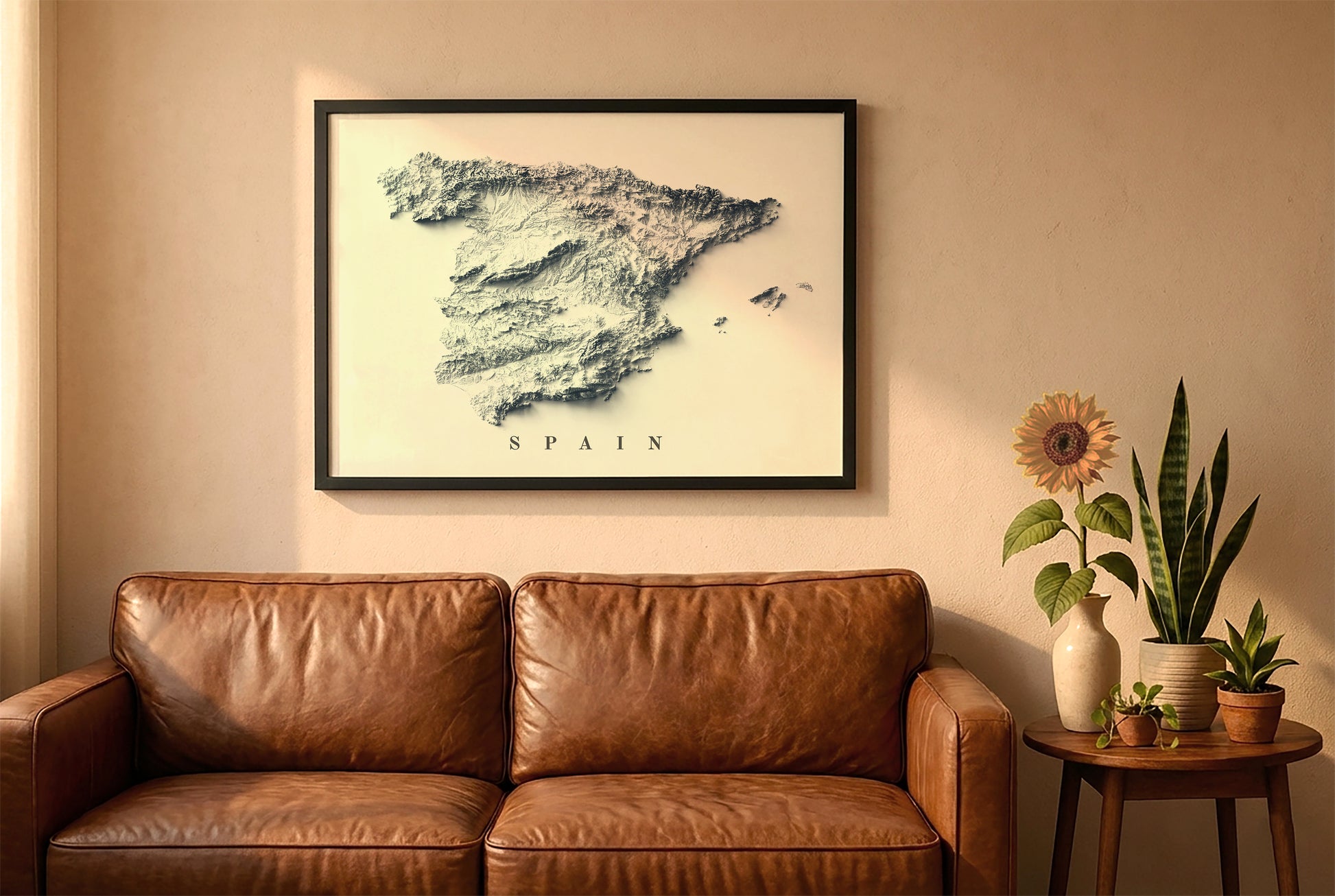 Spain relief map in a black frame above a brown leather sofa. Boho living room with warm sunlight, sunflower, and indoor plants on a wooden side table