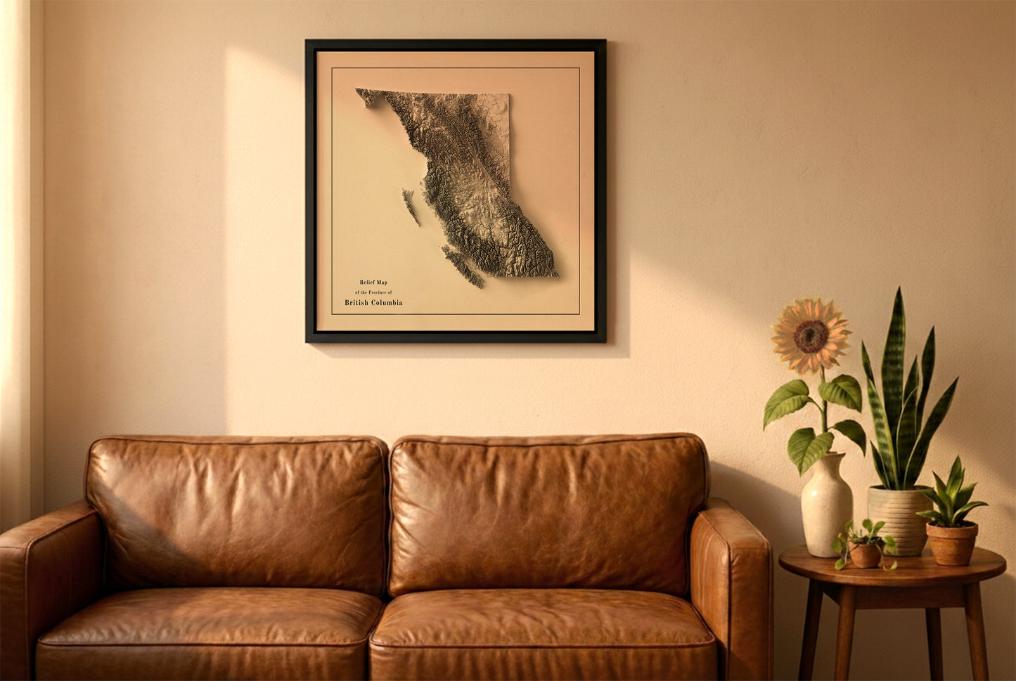 British Columbia, Canada, vintage relief map in a black frame above a brown leather sofa. Boho living room with warm sunlight, sunflower, and indoor plants on a wooden side table