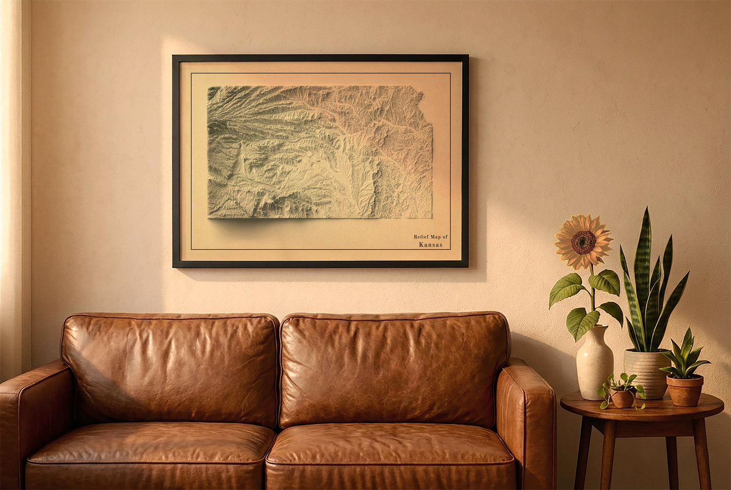 Kansas vintage relief map in a black frame above a brown leather sofa. Boho living room with warm sunlight, sunflower, and indoor plants on a wooden side table