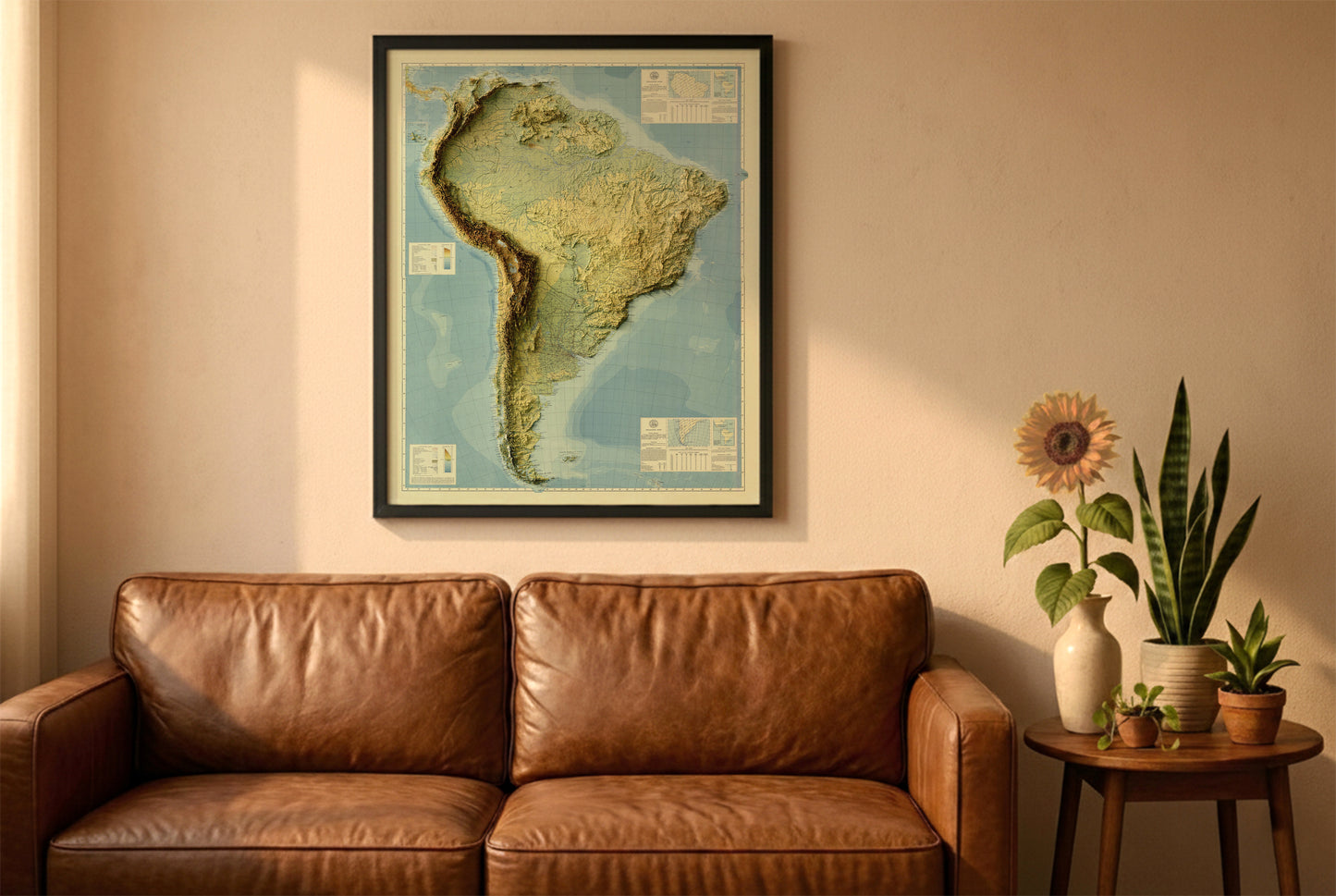 South America vintage relief map in a black frame above a brown leather sofa. Boho living room with warm sunlight, sunflower, and indoor plants on a wooden side table