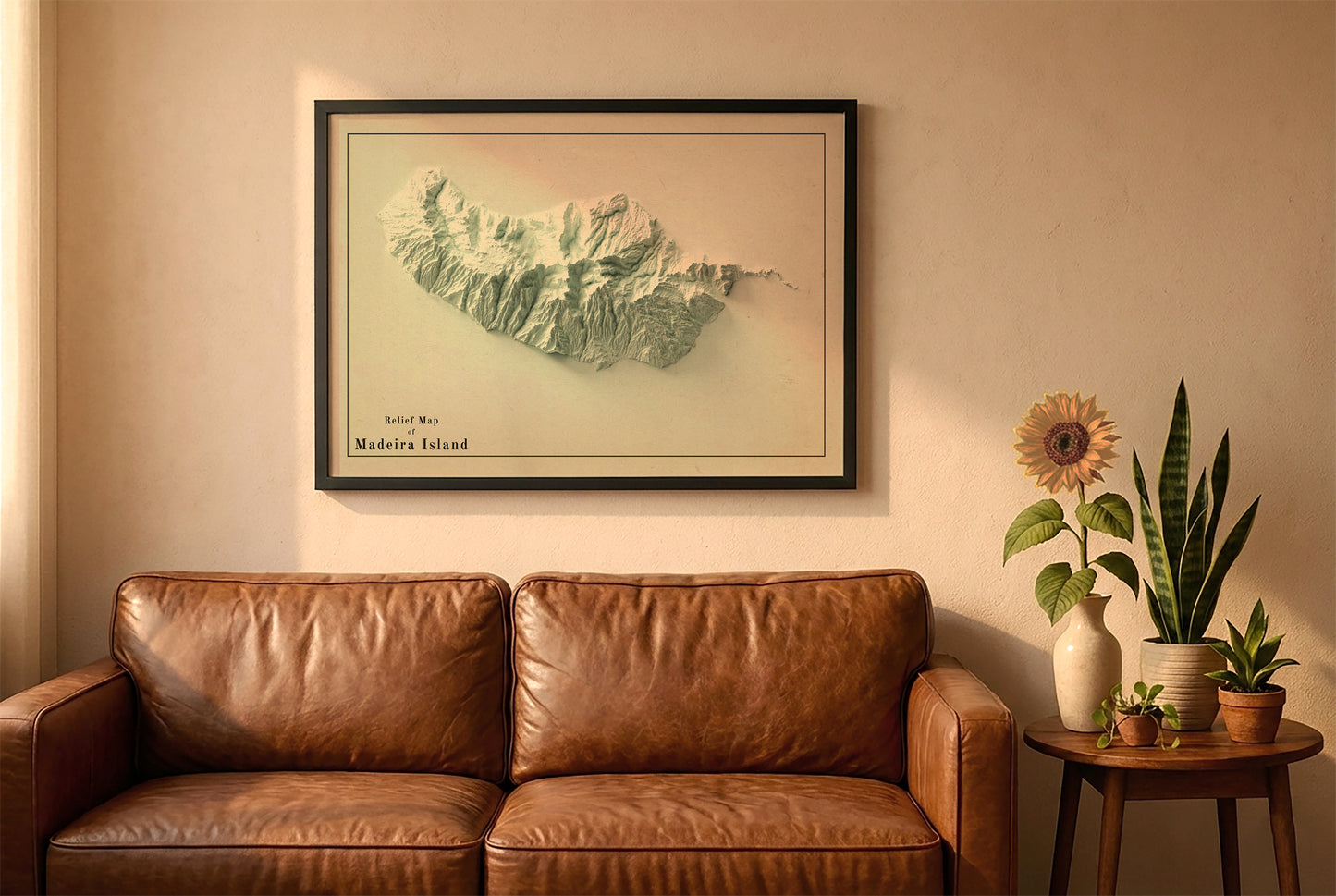 Madeira Island, Portugal, vintage relief map in a black frame above a brown leather sofa. Boho living room with warm sunlight, sunflower, and indoor plants on a wooden side table