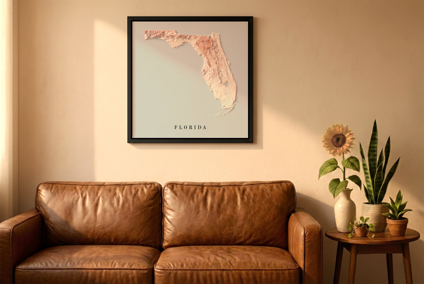 Florida relief map in a black frame above a brown leather sofa. Boho living room with warm sunlight, sunflower, and indoor plants on a wooden side table