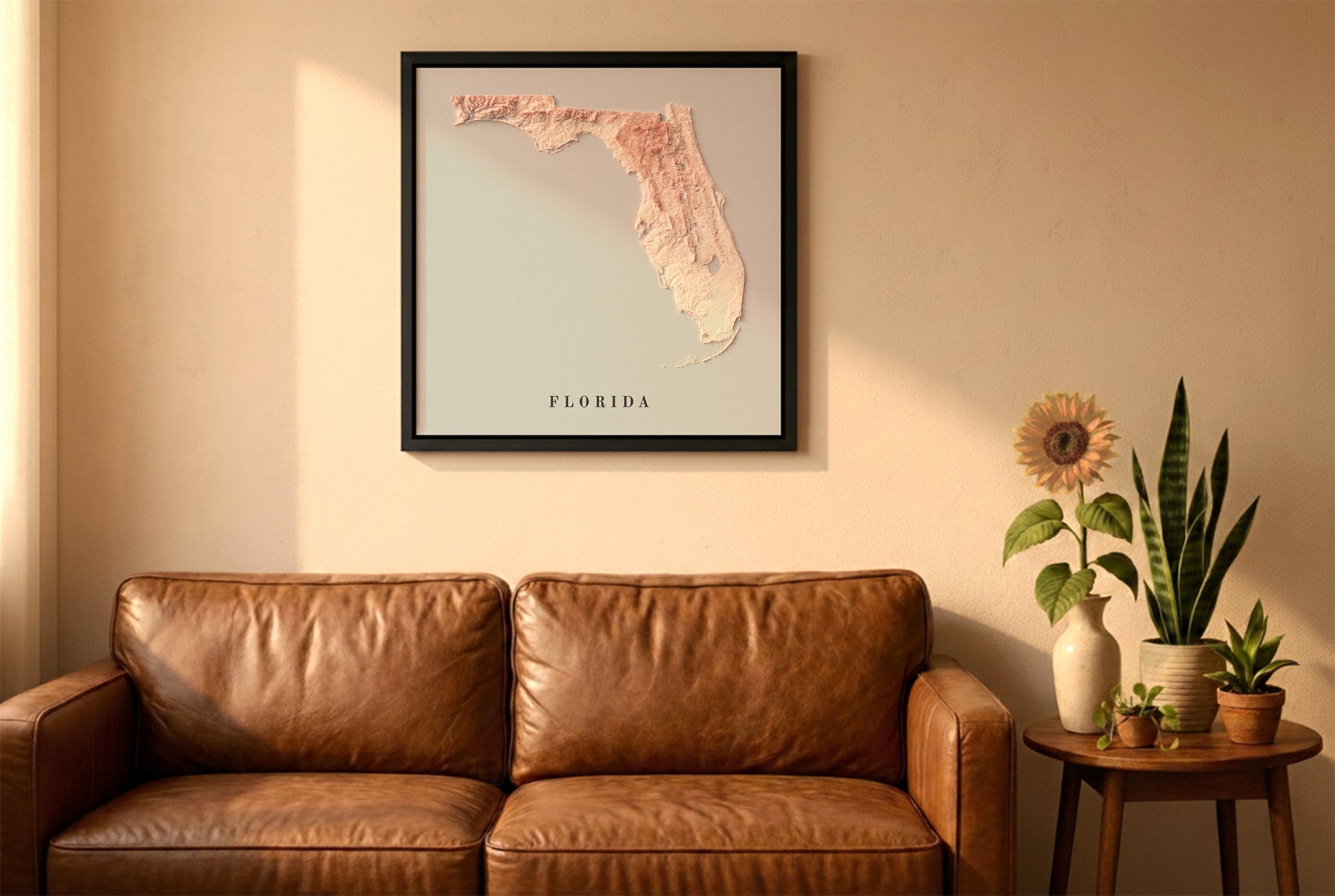 Florida relief map in a black frame above a brown leather sofa. Boho living room with warm sunlight, sunflower, and indoor plants on a wooden side table