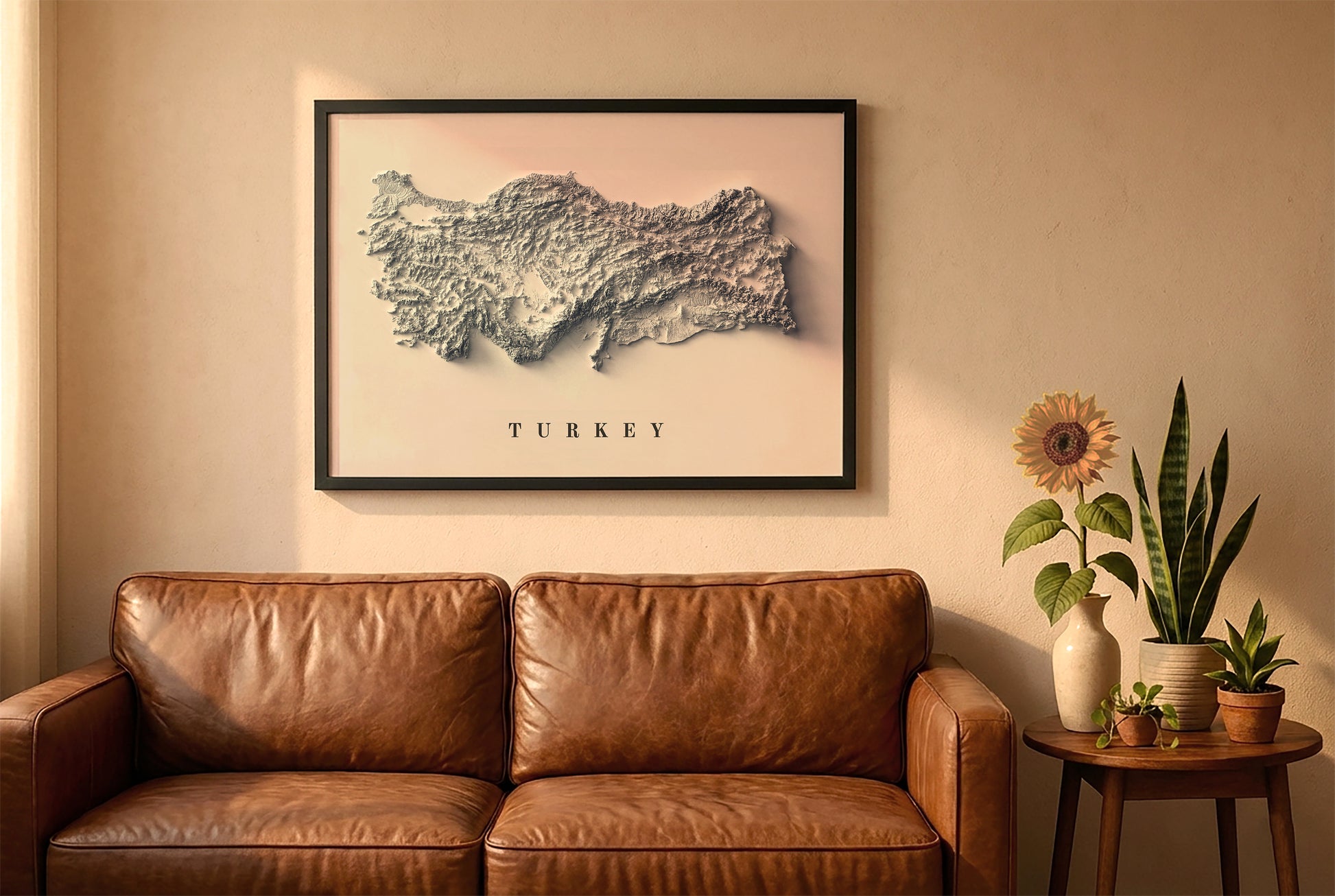 Turkey relief map in a black frame above a brown leather sofa. Boho living room with warm sunlight, sunflower, and indoor plants on a wooden side table