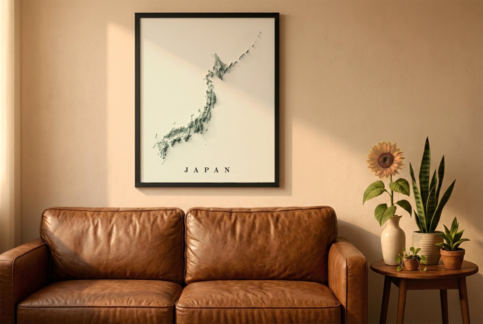 Japan relief map in a black frame above a brown leather sofa. Boho living room with warm sunlight, sunflower, and indoor plants on a wooden side table