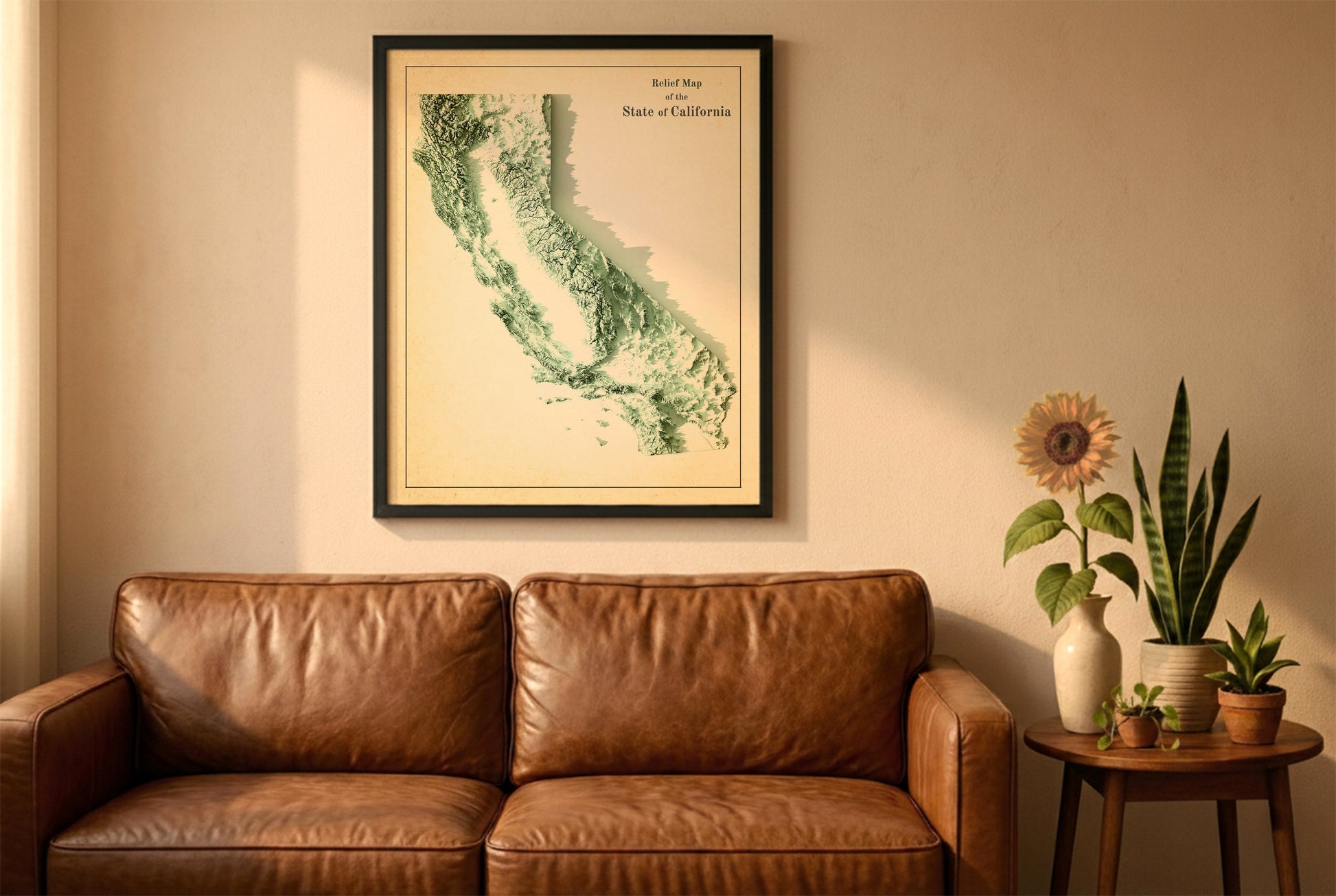 California vintage relief map in a black frame above a brown leather sofa. Boho living room with warm sunlight, sunflower, and indoor plants on a wooden side table