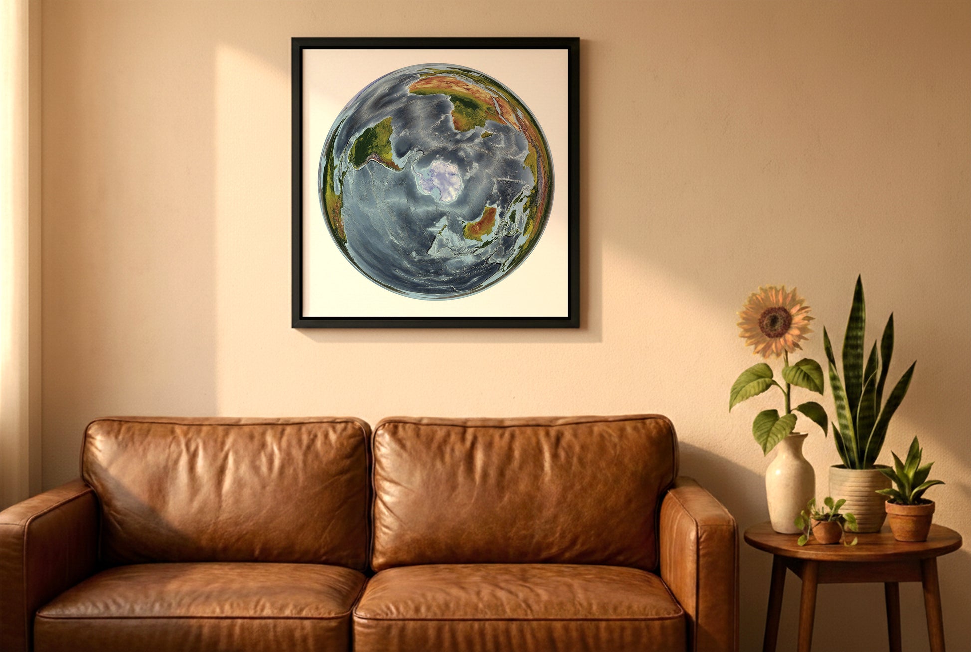 World relief map in WGS 1984 Grid South projection in a black frame above a brown leather sofa. Boho living room with warm sunlight, sunflower, and indoor plants on a wooden side table