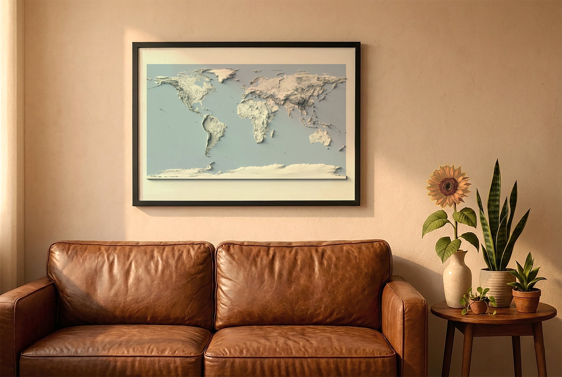 world relief map in a black frame above a brown leather sofa. Boho living room with warm sunlight, sunflower, and indoor plants on a wooden side table
