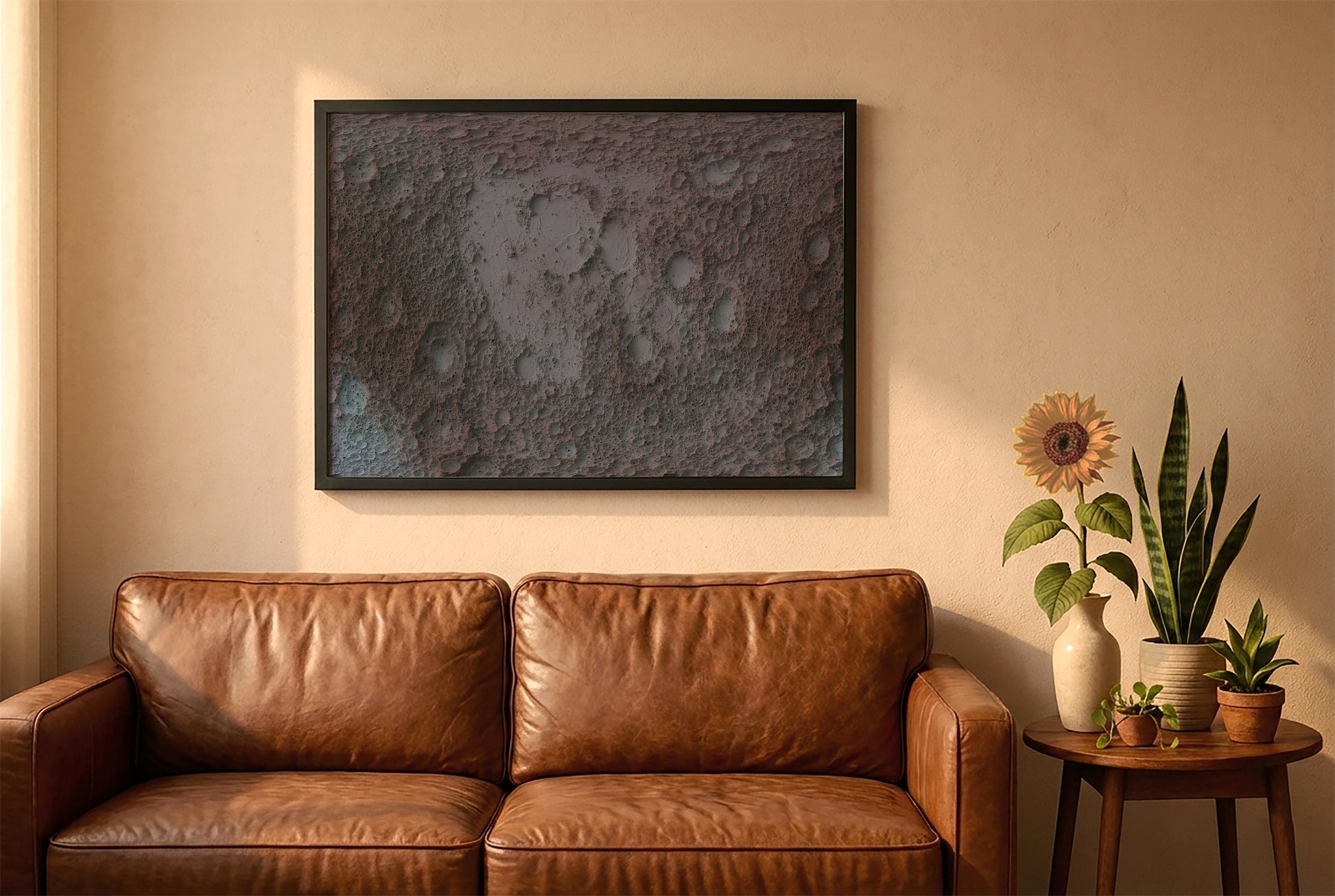 Moon relief map in a black frame above a brown leather sofa. Boho living room with warm sunlight, sunflower, and indoor plants on a wooden side table