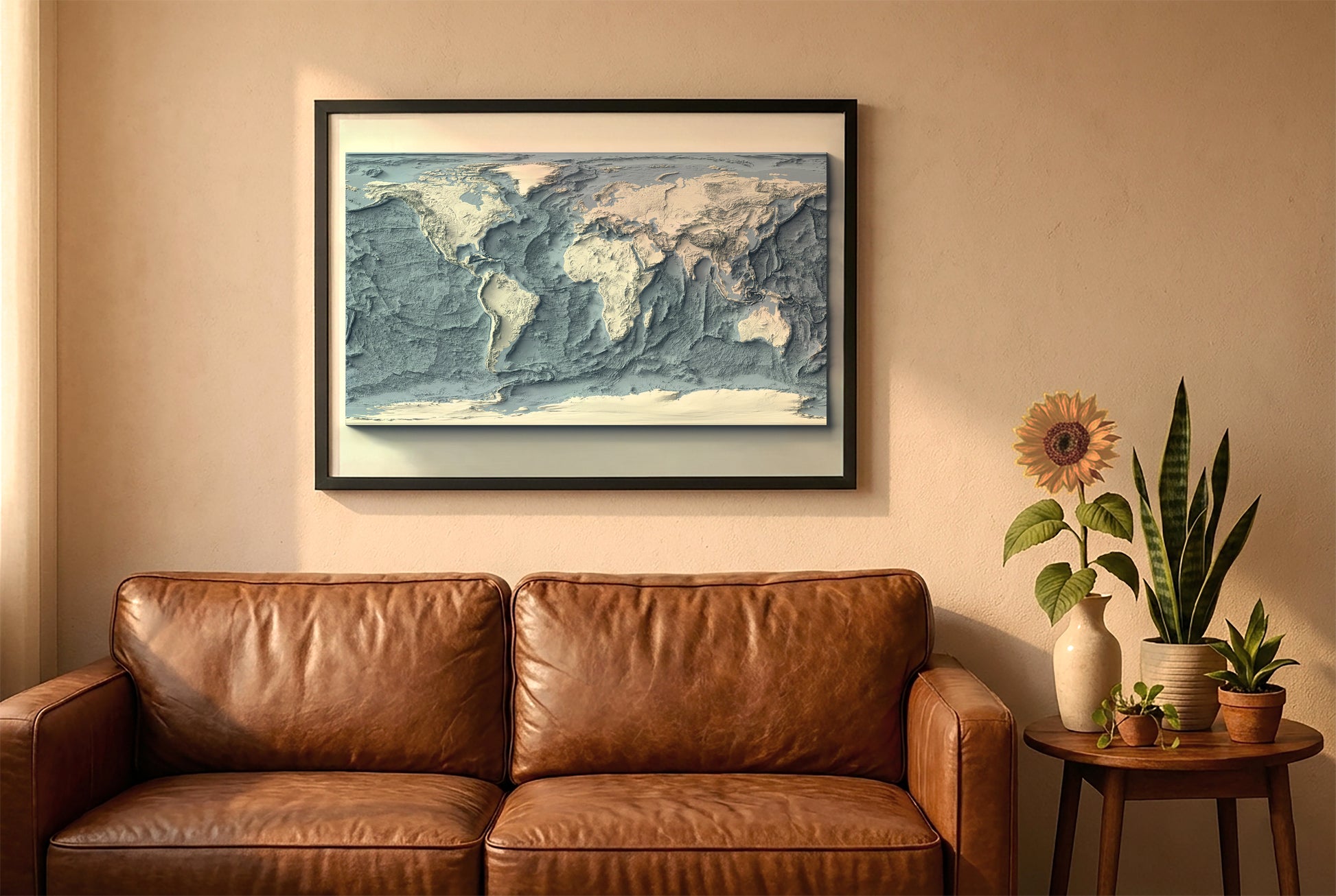 world relief map in a black frame above a brown leather sofa. Boho living room with warm sunlight, sunflower, and indoor plants on a wooden side table