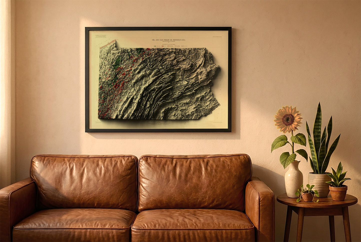 Pennsylvania vintage relief map in a black frame above a brown leather sofa. Boho living room with warm sunlight, sunflower, and indoor plants on a wooden side table