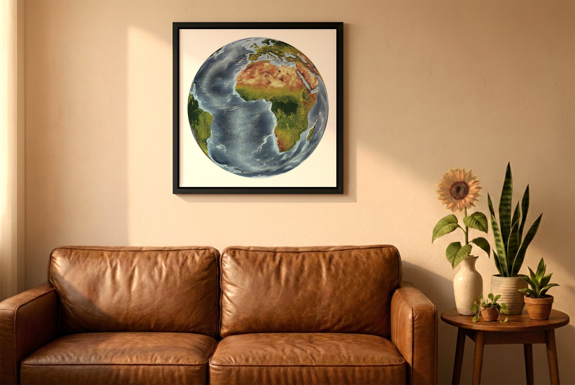 World relief map in Vertical Perspective projection in a black frame above a brown leather sofa. Boho living room with warm sunlight, sunflower, and indoor plants on a wooden side table