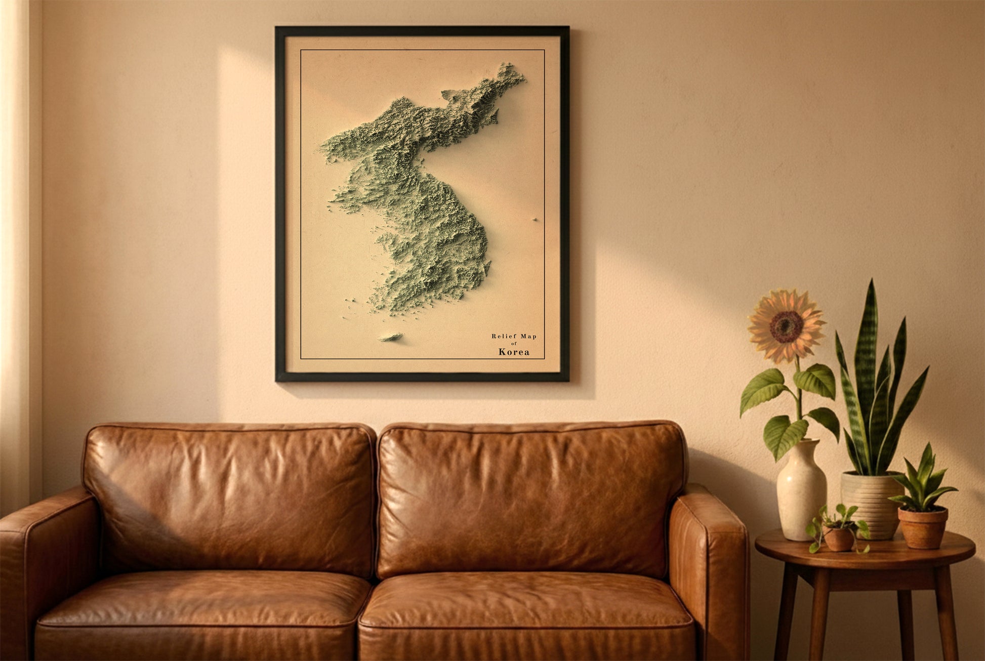 Koreas vintage relief map in a black frame above a brown leather sofa. Boho living room with warm sunlight, sunflower, and indoor plants on a wooden side table