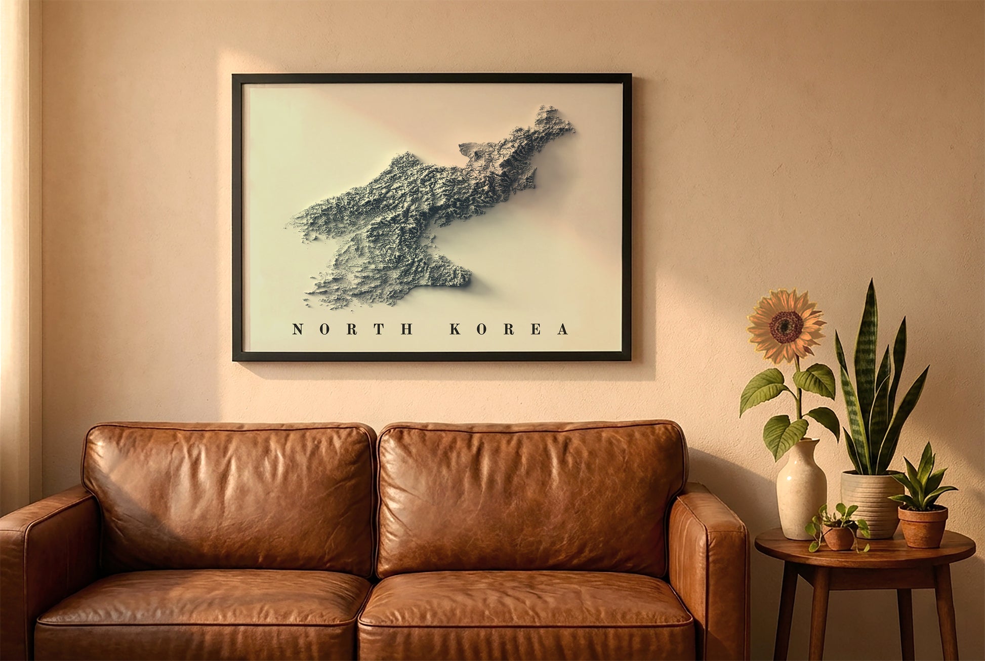 North Korea relief map in a black frame above a brown leather sofa. Boho living room with warm sunlight, sunflower, and indoor plants on a wooden side table